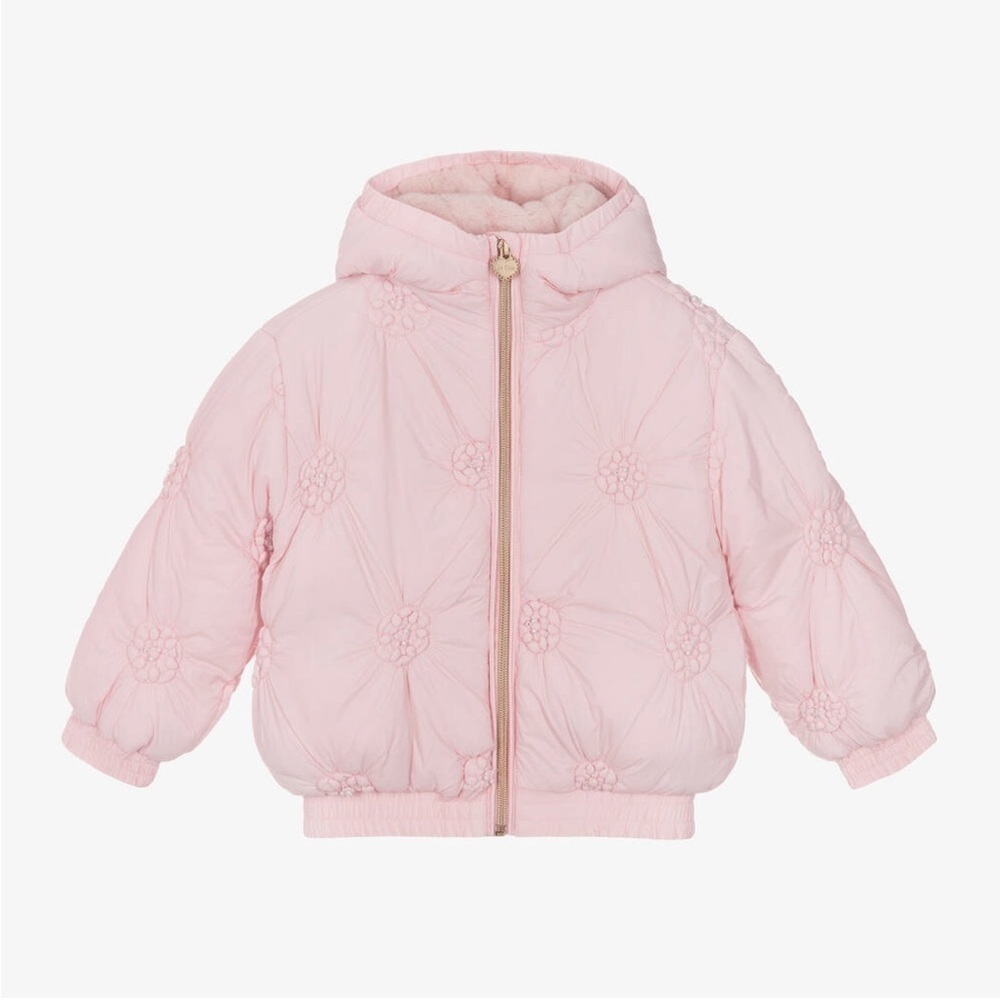 Le Chic Girls 3Y Pastel Pink Hooded Floral Faux Pearl Puffer Jacket w/Fur - NWT!